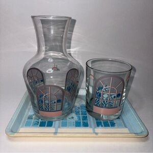 Vintage Bedside Glass Carafe, Glass & Fiberglass Tray Set by Alpac Nightstand